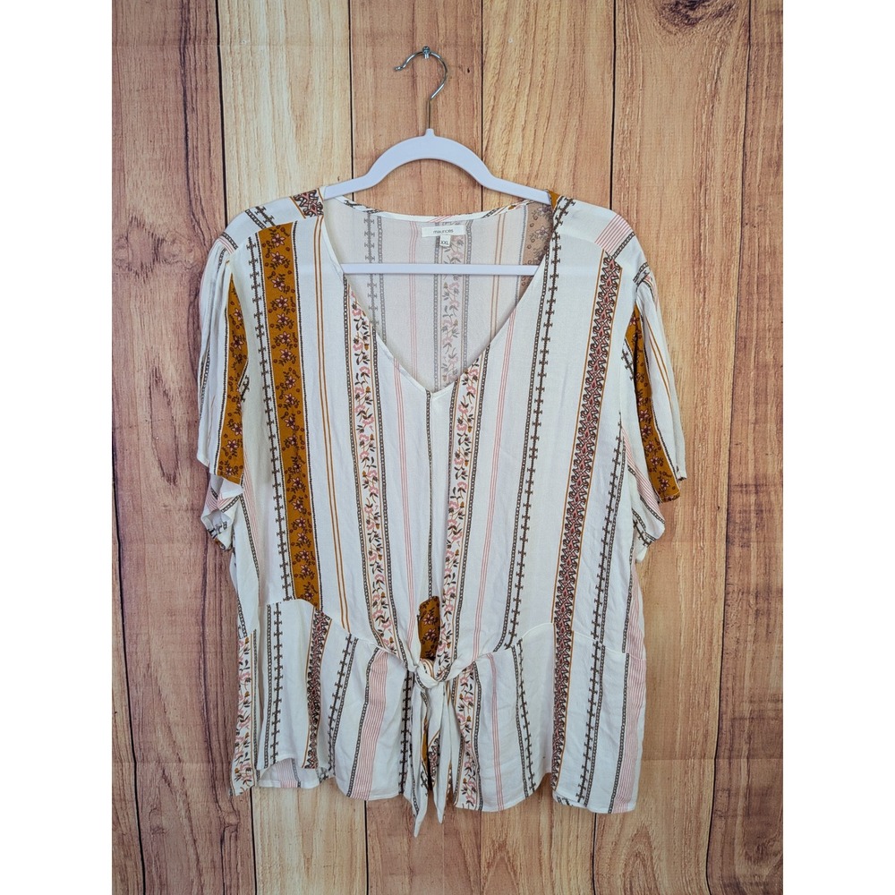 Maurices Womens Boho Floral Striped Tie Front Short Sleeve Top Plus Size XXL